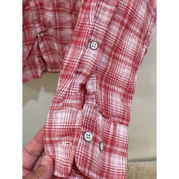 Peter Millar Men's M Red Plaid 100% Linen Long Sleeve Snap Button-Up Shirt - Picture 8 of 8